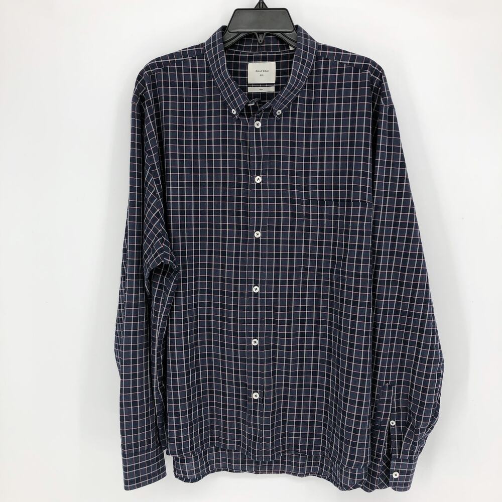 BILLY REID Men's Button Down Shirt XXL Navy Blue Red Plaid Slim Fit Long Sleeve